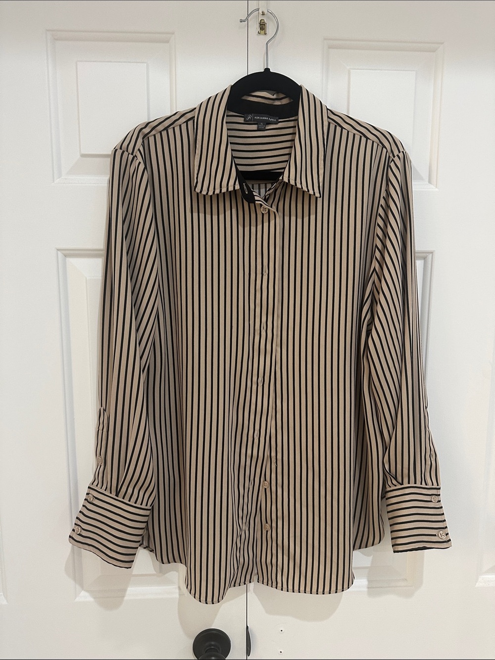 Adrianna Papell Beige and Black Vertical Stripe Button-Down Shirt